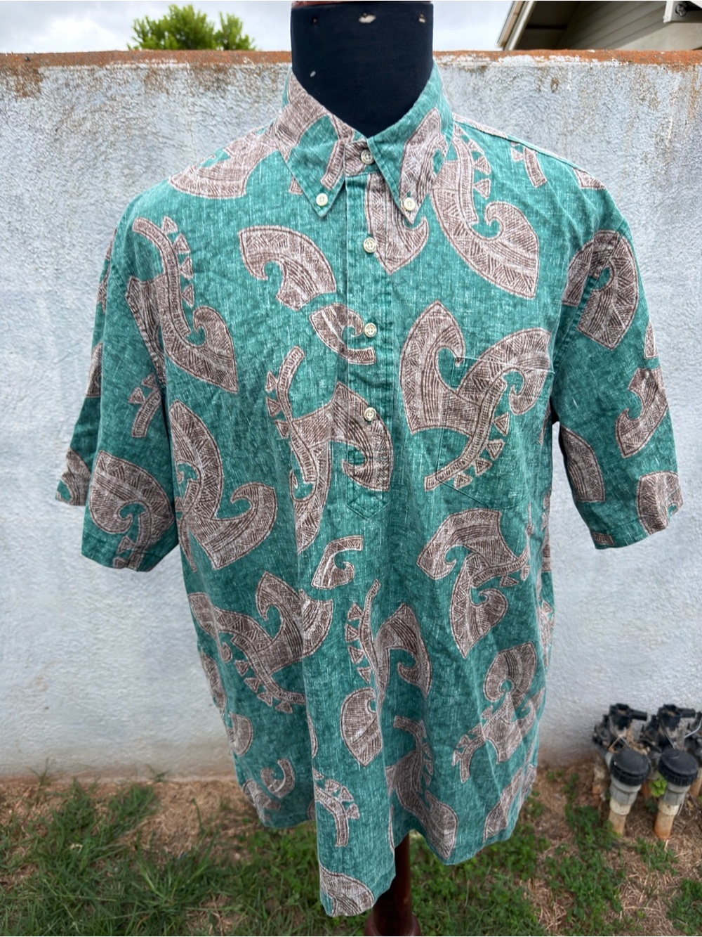 PreOwned Reyn Spooner Classic Hawaiian Print 3/4 Button Men's L Green/Brown